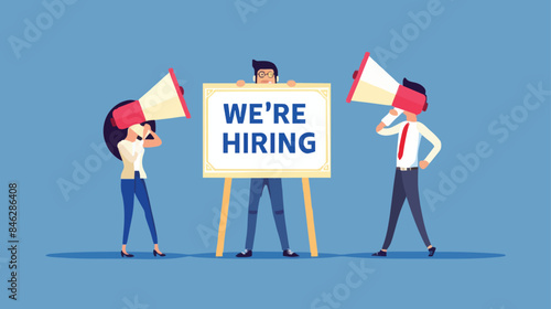 HR recruiting announcement we are hiring advertisement, human resources or employer looking for candidate for job vacancy concept, business people HR with megaphone holding we are hiring sign. Design 