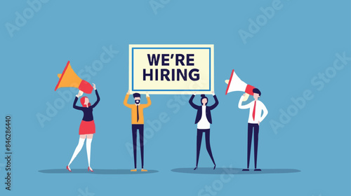 HR recruiting announcement we are hiring advertisement, human resources or employer looking for candidate for job vacancy concept, business people HR with megaphone holding we are hiring sign. Design 