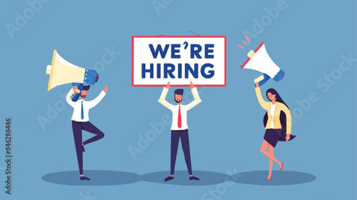 HR recruiting announcement we are hiring advertisement, human resources or employer looking for candidate for job vacancy concept, business people HR with megaphone holding we are hiring sign. Design 
