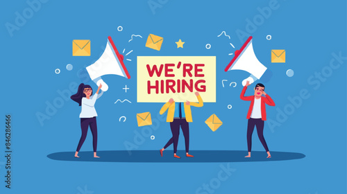 HR recruiting announcement we are hiring advertisement, human resources or employer looking for candidate for job vacancy concept, business people HR with megaphone holding we are hiring sign. Design 