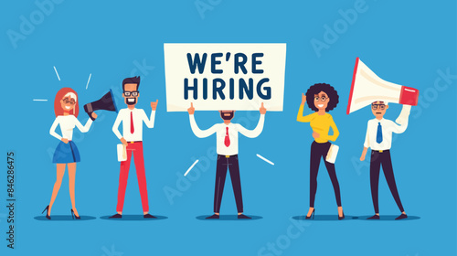 HR recruiting announcement we are hiring advertisement, human resources or employer looking for candidate for job vacancy concept, business people HR with megaphone holding we are hiring sign. Design 