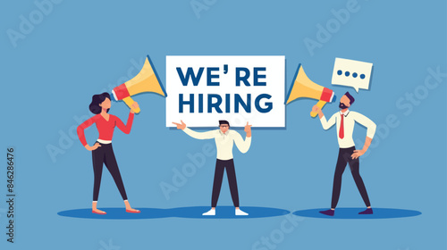 HR recruiting announcement we are hiring advertisement, human resources or employer looking for candidate for job vacancy concept, business people HR with megaphone holding we are hiring sign. Design 