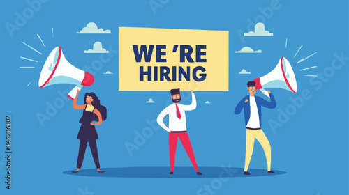HR recruiting announcement we are hiring advertisement, human resources or employer looking for candidate for job vacancy concept, business people HR with megaphone holding we are hiring sign. Design 