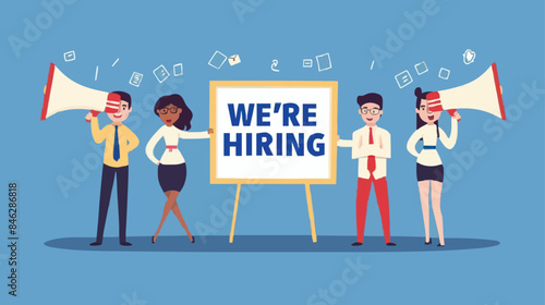 HR recruiting announcement we are hiring advertisement, human resources or employer looking for candidate for job vacancy concept, business people HR with megaphone holding we are hiring sign. Design 