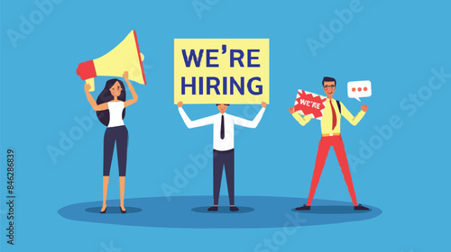 HR recruiting announcement we are hiring advertisement, human resources or employer looking for candidate for job vacancy concept, business people HR with megaphone holding we are hiring sign. Design 