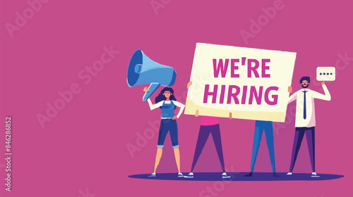 HR recruiting announcement we are hiring advertisement, human resources or employer looking for candidate for job vacancy concept, business people HR with megaphone holding we are hiring sign. Design 