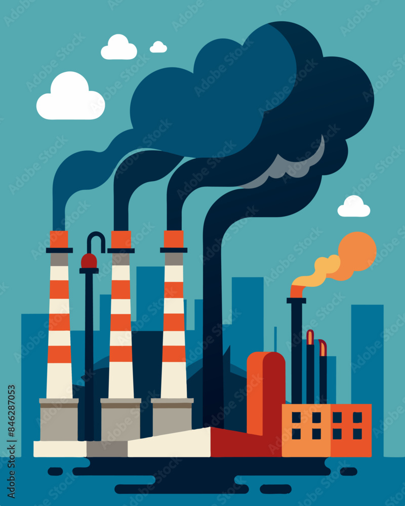 Obraz premium The factorys exhaust pipes releasing a neverending stream of pollutants and smog portraying the destructive outcome of mass production.. Vector illustration
