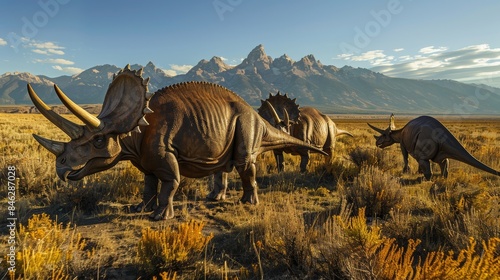 A group of Triceratops grazing in a vast