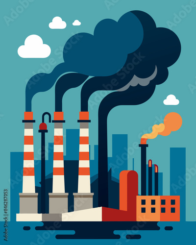 The factorys exhaust pipes releasing a neverending stream of pollutants and smog portraying the destructive outcome of mass production.. Vector illustration