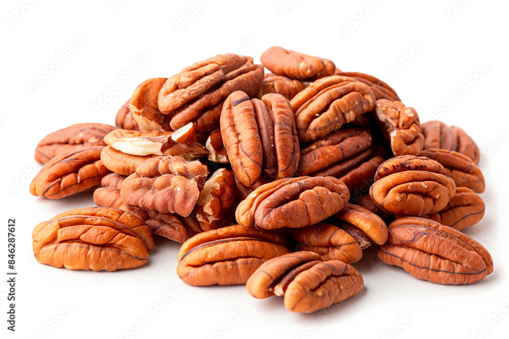Close-up of shelled and unshelled Pecan nuts isolated on a white background, showcasing their texture Close-up of shelled and unshelled Pecan nuts isolated on a white background, showcasing their texture
