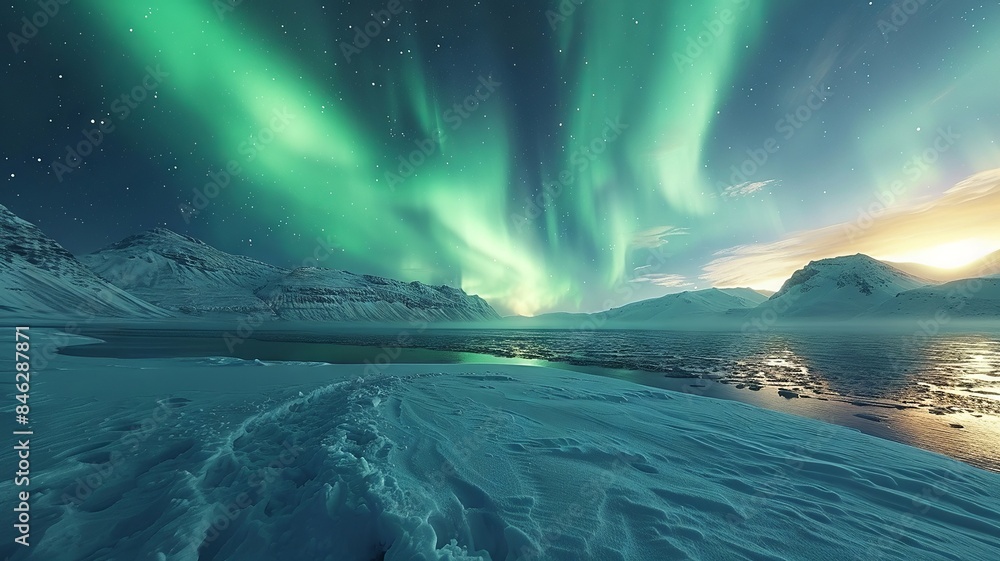 Aurora borealis illuminating snowy mountains Aurora borealis illuminating snowy mountains