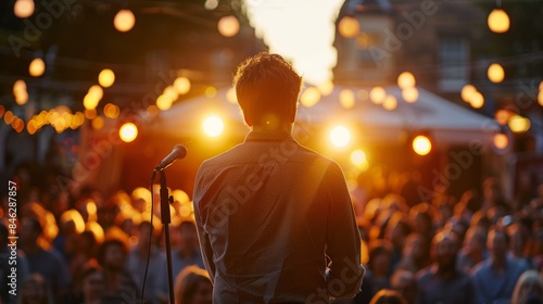 Close-up of a comedian performing at an outdoor venue at Edinburgh Fringe Festival