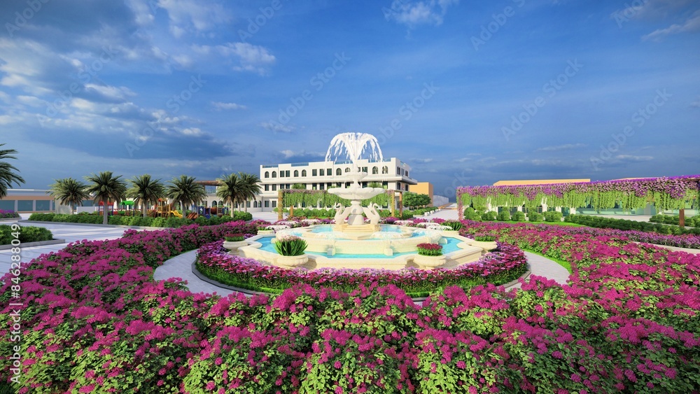 Obraz premium Fountain in center of an Amusement Park sight layouts plan and 3D visualization