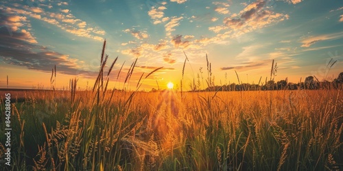 A field of tall grass with a bright sun in the sky