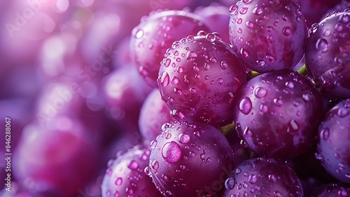 Purple grapes with water droplets in a vibrant close-up shot