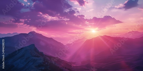 A beautiful mountain range with a pink and purple sky