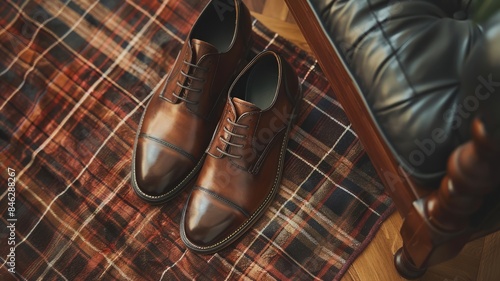 Classic brown leather shoes on a plaid fabric background