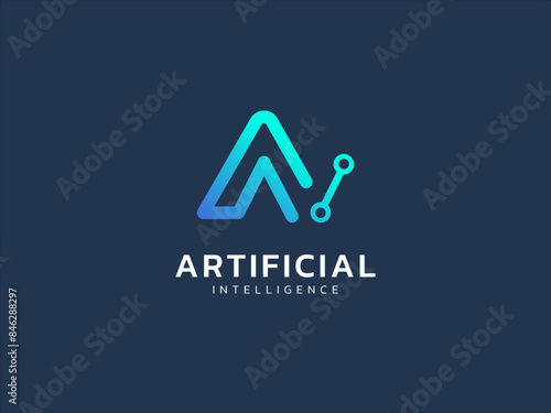 Artificial intelligence with letter AI circuit board lines technology Analysis logo vector design concept. AI technology logotype symbol for advance technology, tech company, ui, innovation, robotic.