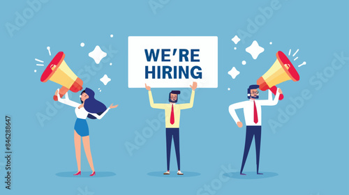 HR recruiting announcement we are hiring advertisement, human resources or employer looking for candidate for job vacancy concept, business people HR with megaphone holding we are hiring sign. design