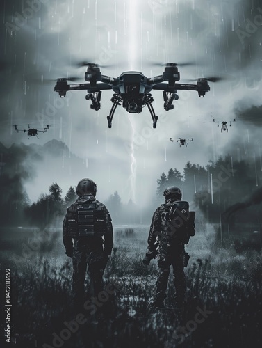 A man and a woman are standing in a field with a drone flying above them