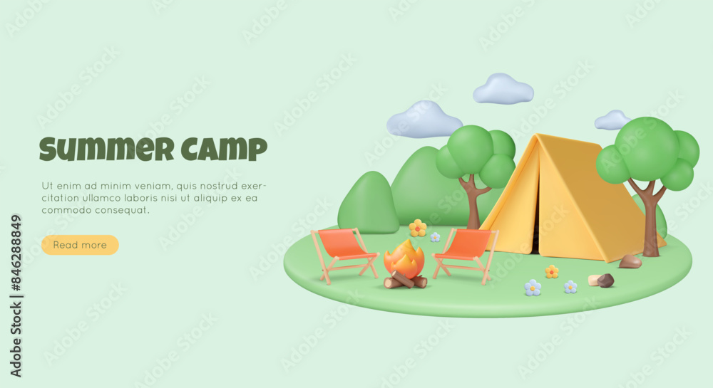 3d summer camping banner concept. Hiking tourism, outdoor adventure. Tent, campfire, folding chairs on lawn with flowers, hills and clouds on background of landscape. Trees render. Vector illustration