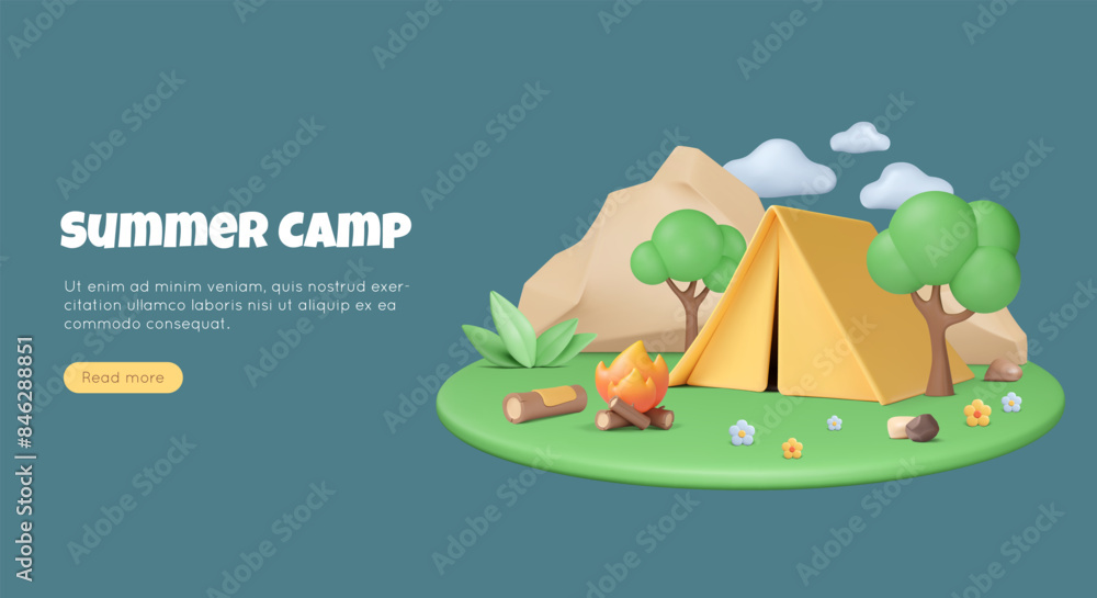 3d tent and bonfire on summer landscape with mountains and trees. Camping banner concept. Vector illustration on grass stage with isolated clouds. Outdoor campsite weekend. Relax on lawn. 3d tent and bonfire on summer landscape with mountains and trees. Camping banner concept. Vector illustration on grass stage with isolated clouds. Outdoor campsite weekend. Relax on lawn.