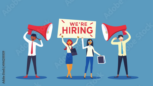 HR recruiting announcement we are hiring advertisement, human resources or employer looking for candidate for job vacancy concept, business people HR with megaphone holding we are hiring sign. design