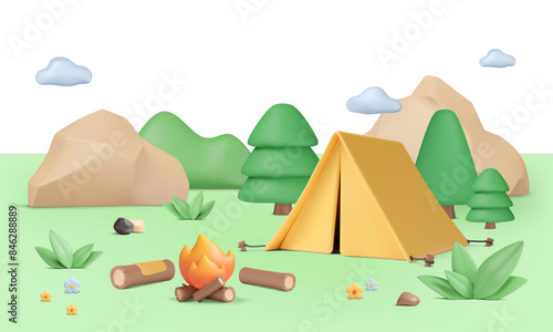 3d summer campsite illustration. Tent in pine forest with rocks on the background. Logs near bonfire. Vector landscape render. Outdoor journey, tourism, travel concept. Holiday on nature.