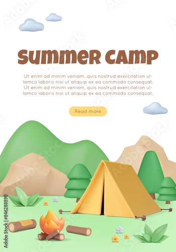 Summer camping trip flyer template with 3d elements. Tent, logs near bonfire, flowers and leaves on meadow. Rocks and hills on background. Vector illustration. Outdoor adventure. Nature journey.