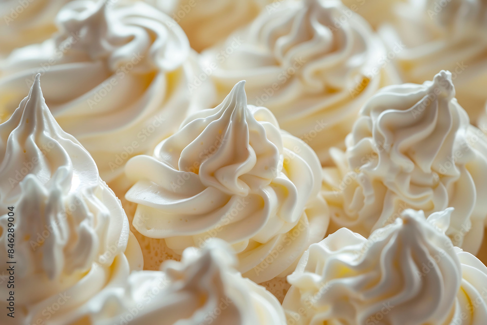 Close-up of meringue swirls and vanilla whipped cream. The white creamy, fluffy texture of the whipped cream, creates an inviting and delectable. Dessert cuisine concept. Close-up of meringue swirls and vanilla whipped cream. The white creamy, fluffy texture of the whipped cream, creates an inviting and delectable. Dessert cuisine concept.