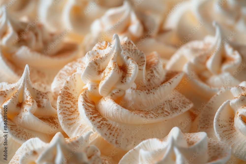 Close-up of meringue swirls of whipped cream sprinkled with cocoa powder. The creamy, fluffy texture of the whipped cream contrasts with the fine dusting of cocoa, creating an inviting and delectable. Close-up of meringue swirls of whipped cream sprinkled with cocoa powder. The creamy, fluffy texture of the whipped cream contrasts with the fine dusting of cocoa, creating an inviting and delectable.