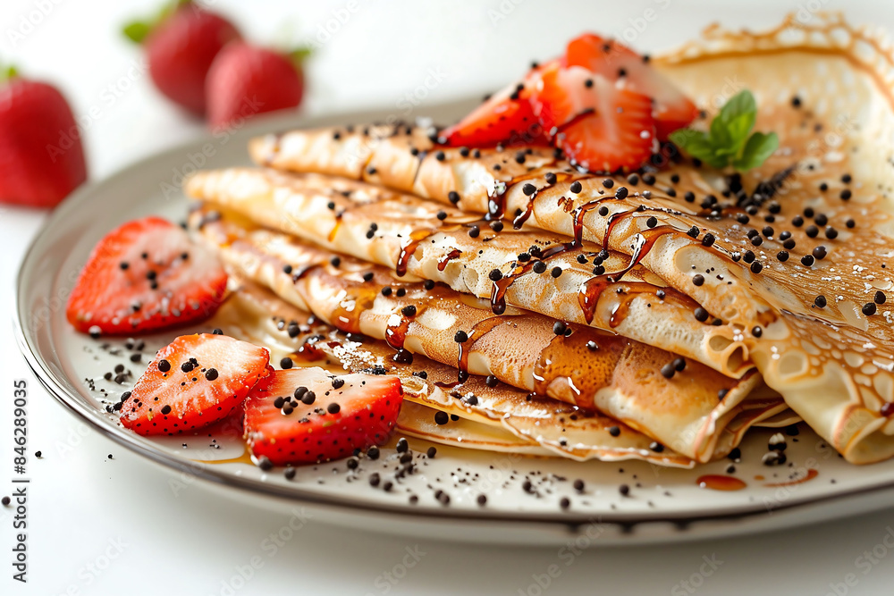 Close-up of Pancakes on a plate with fresh strawberry on top and sprinkles of icing sugar. creating an elegantly displayed inviting and appetizing appearance. Dessert cuisine concept. Close-up of Pancakes on a plate with fresh strawberry on top and sprinkles of icing sugar. creating an elegantly displayed inviting and appetizing appearance. Dessert cuisine concept.