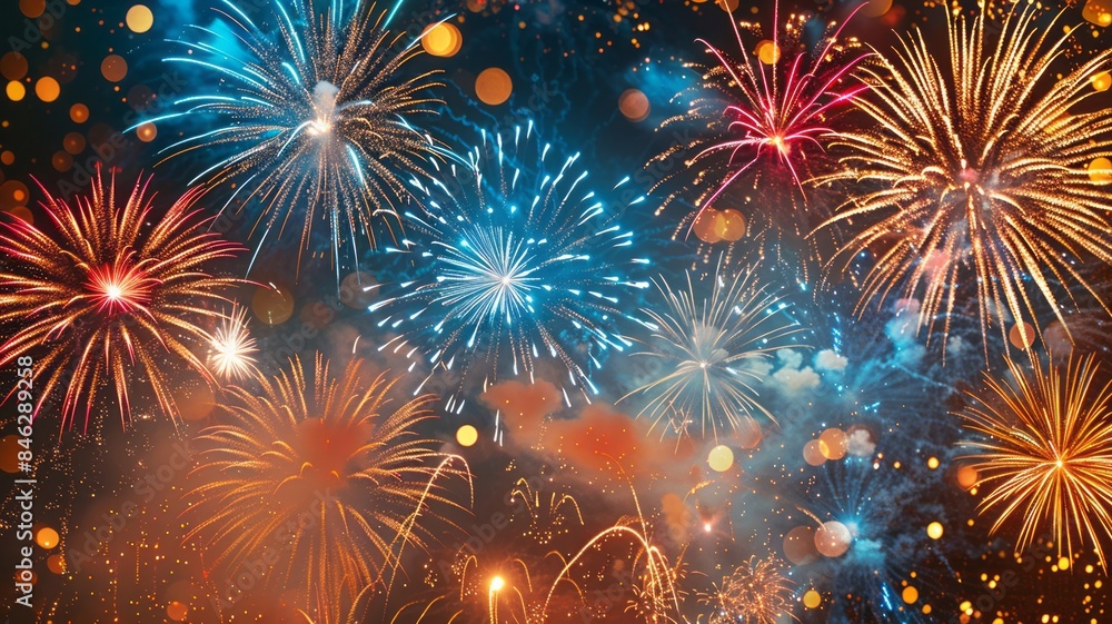 Fototapeta premium Colorful fireworks display in the night sky with vibrant bursts