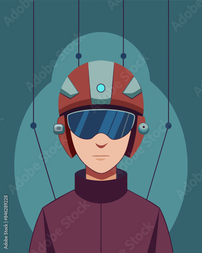 The person wearing the helmet seemed like a puppet their strings being pulled by an unseen force thanks to the mind control device.. Vector illustration