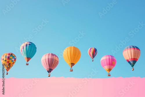 A whimsical scene of colorful hot air balloons drifting gracefully across a clear blue sky, with a solid pink background below.