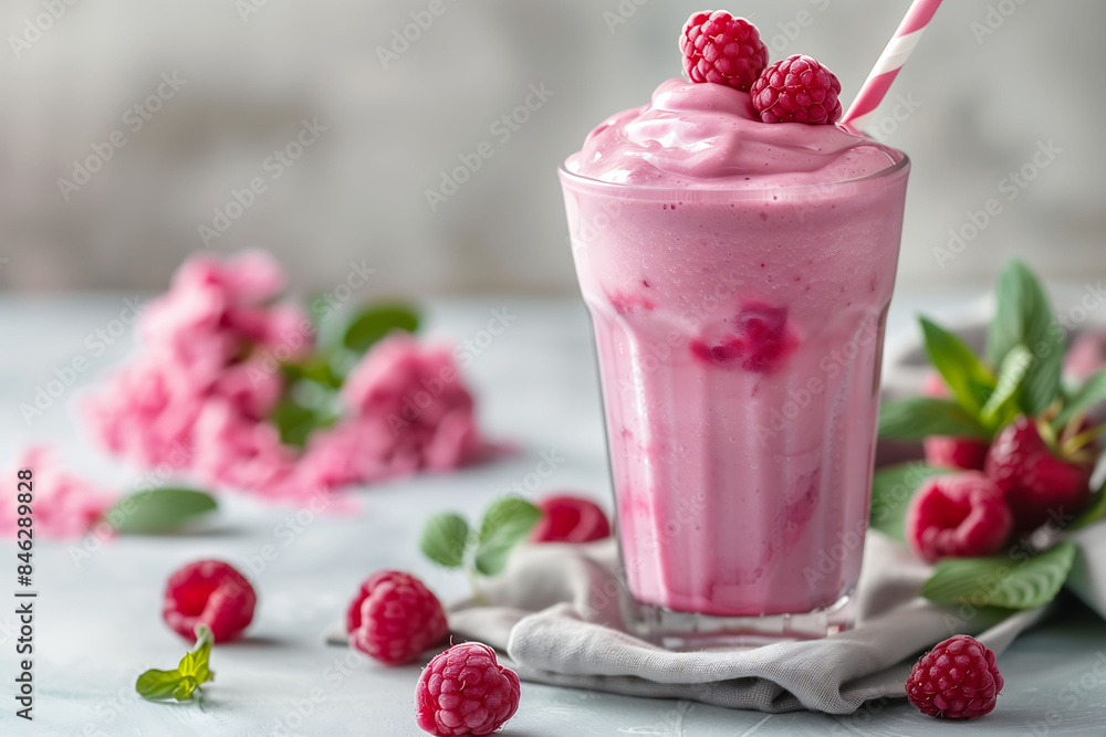 A close-up of a raspberry yogurt smoothie in a glass with fresh raspberries adorned with raspberries around it on a soft background creates a delectable appearance. A close-up of a raspberry yogurt smoothie in a glass with fresh raspberries adorned with raspberries around it on a soft background creates a delectable appearance.