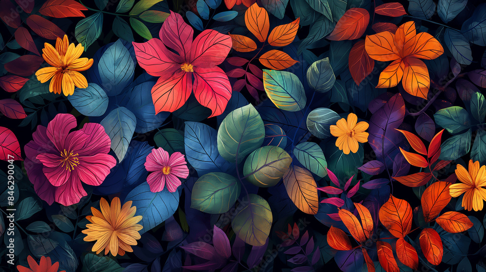 Abstract botanical pattern with colorful leaves and flowers. Digital art style. Abstract botanical pattern with colorful leaves and flowers. Digital art style.