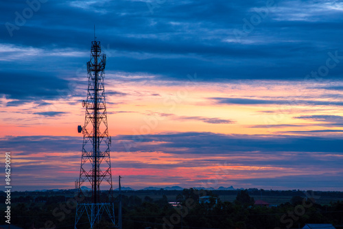 Wallpaper Mural Purple blue sky High voltage pole electric wiring distribution landscape energy engineering. Electricity energetic background purple blue sky countryside. Electric power energy engineering industrial Torontodigital.ca