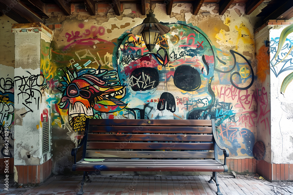 Obraz premium Colorful urban street art alley with vibrant graffiti on the walls. Wooden bench, old lantern creating a lively atmosphere. Bright inscription, street art.