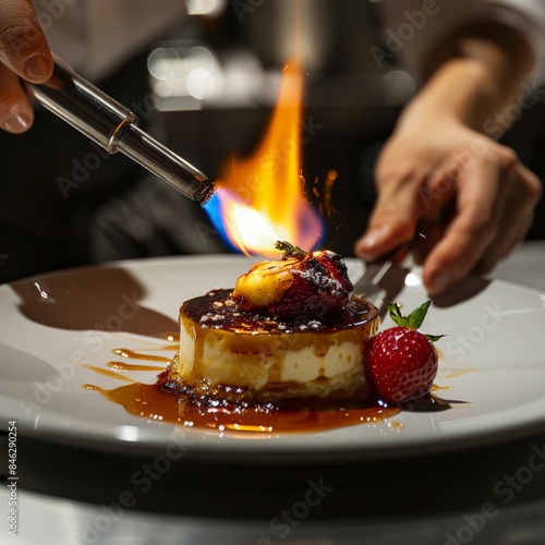 A chef using a torch to caramelize the top of a dessert, adding a crispy texture. Job ID: 3fbbbb69-b889-4ed2-9b23-842e644edc61 photo