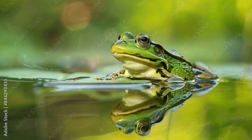 Close-up shot of a vibrant green frog with prominent eyes in the still water of a pond Close-up shot of a vibrant green frog with prominent eyes in the still water of a pond