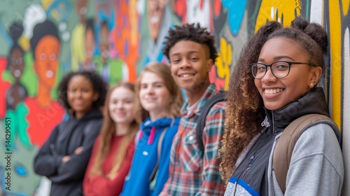 A group of students standing in front of a colorful wall display.