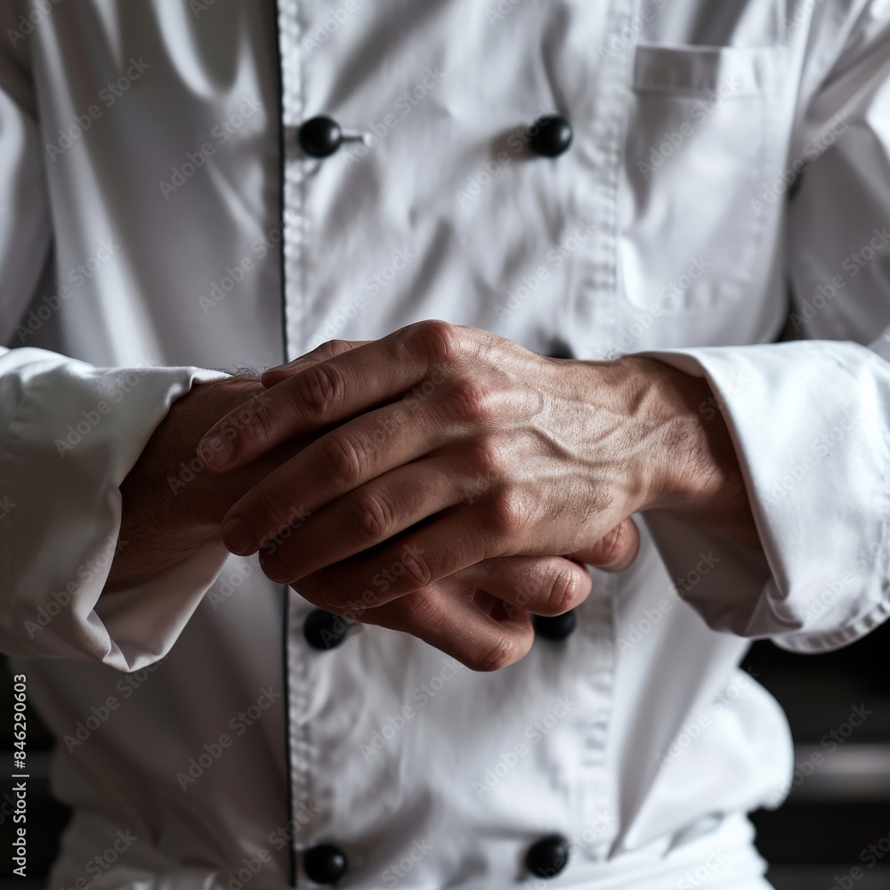 Obraz premium Close-up of a chef's hands adjusting their chef's sleeves. Job ID: 24a35e74-4ae2-4b89-9fa8-30b455bdd4dc