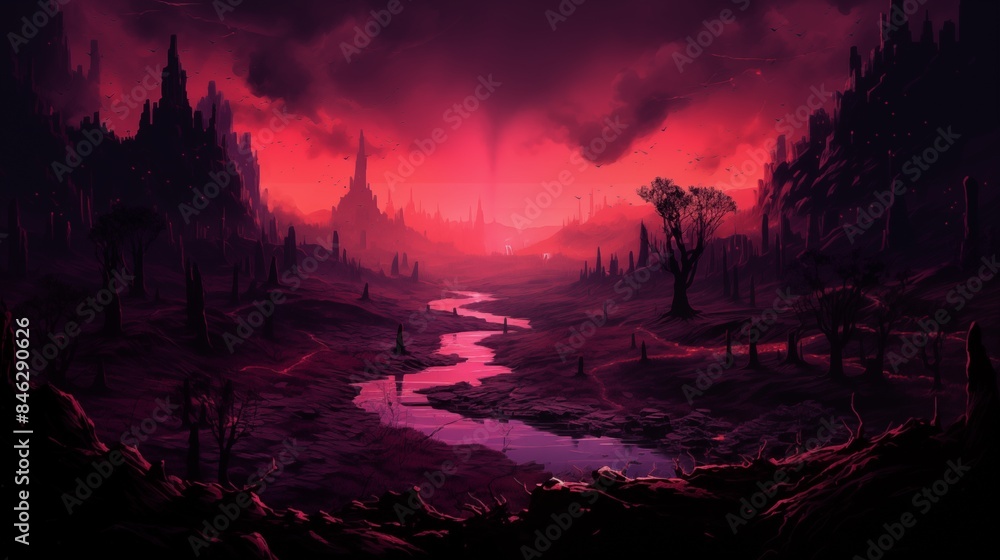 Majestic Sunset Over a Serene River Valley, Casting Red Hues Across the Landscape Majestic Sunset Over a Serene River Valley, Casting Red Hues Across the Landscape