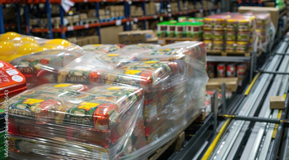 Fototapeta premium Pallet of wrapped food products in warehouse