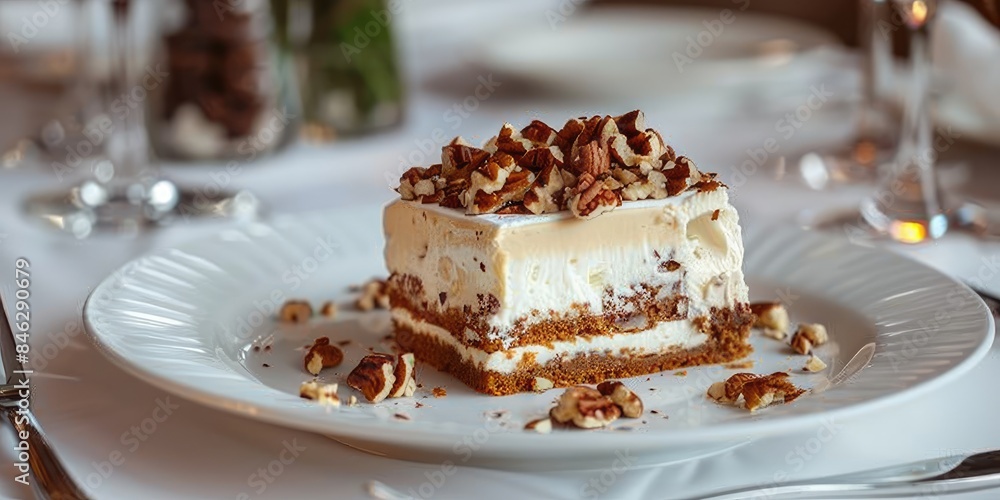 Deliciously layered cake adorned with nuts is served on an white plate Deliciously layered cake adorned with nuts is served on an white plate