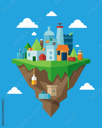 Trash Island a floating monument to our societys disregard for the environment composed entirely of discarded materials.. Vector illustration