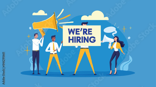 HR recruiting announcement we are hiring advertisement, human resources or employer looking for candidate for job vacancy concept, business people HR with megaphone holding we are hiring sign. design