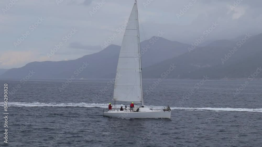 View of the boat sailing in foggy weather in Croatia View of the boat sailing in foggy weather in Croatia