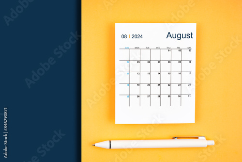 August 2024 calendar card for 2024 year on blue and yellow background.